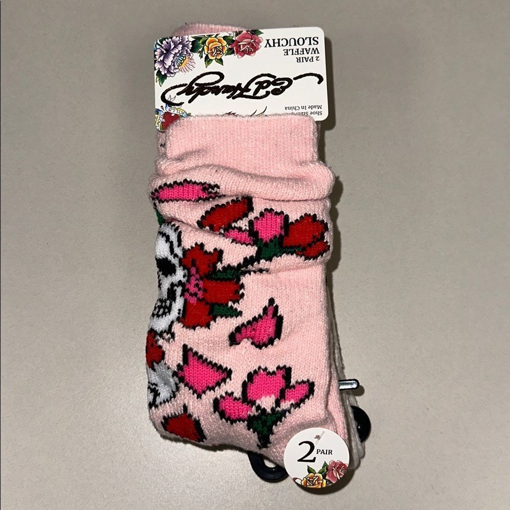 Ed Hardy Beige Pink Floral Scull Super Soft Waffle Knit Slouchy Socks 2 pk